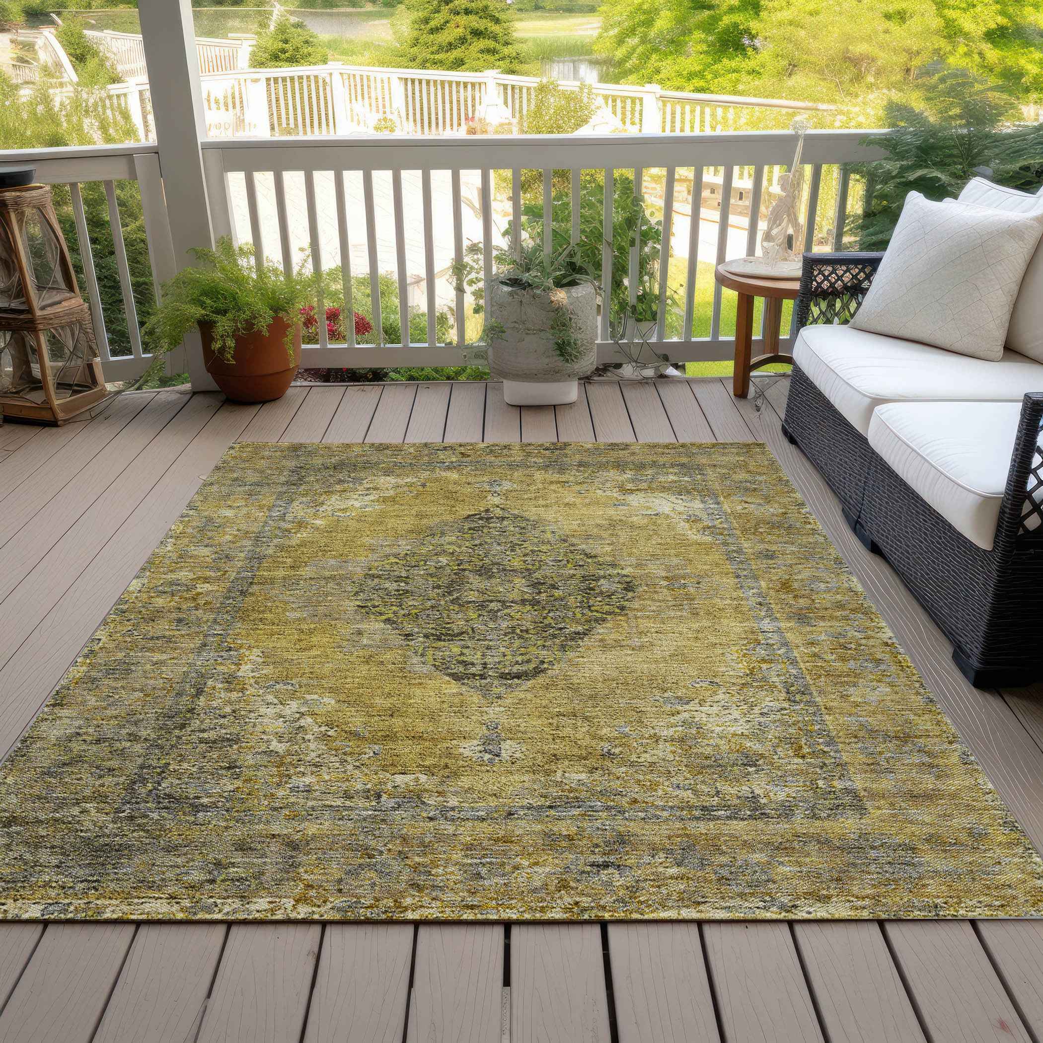 3' X 5' Wheat And Gray Medallion Washable Indoor Outdoor Area Rug