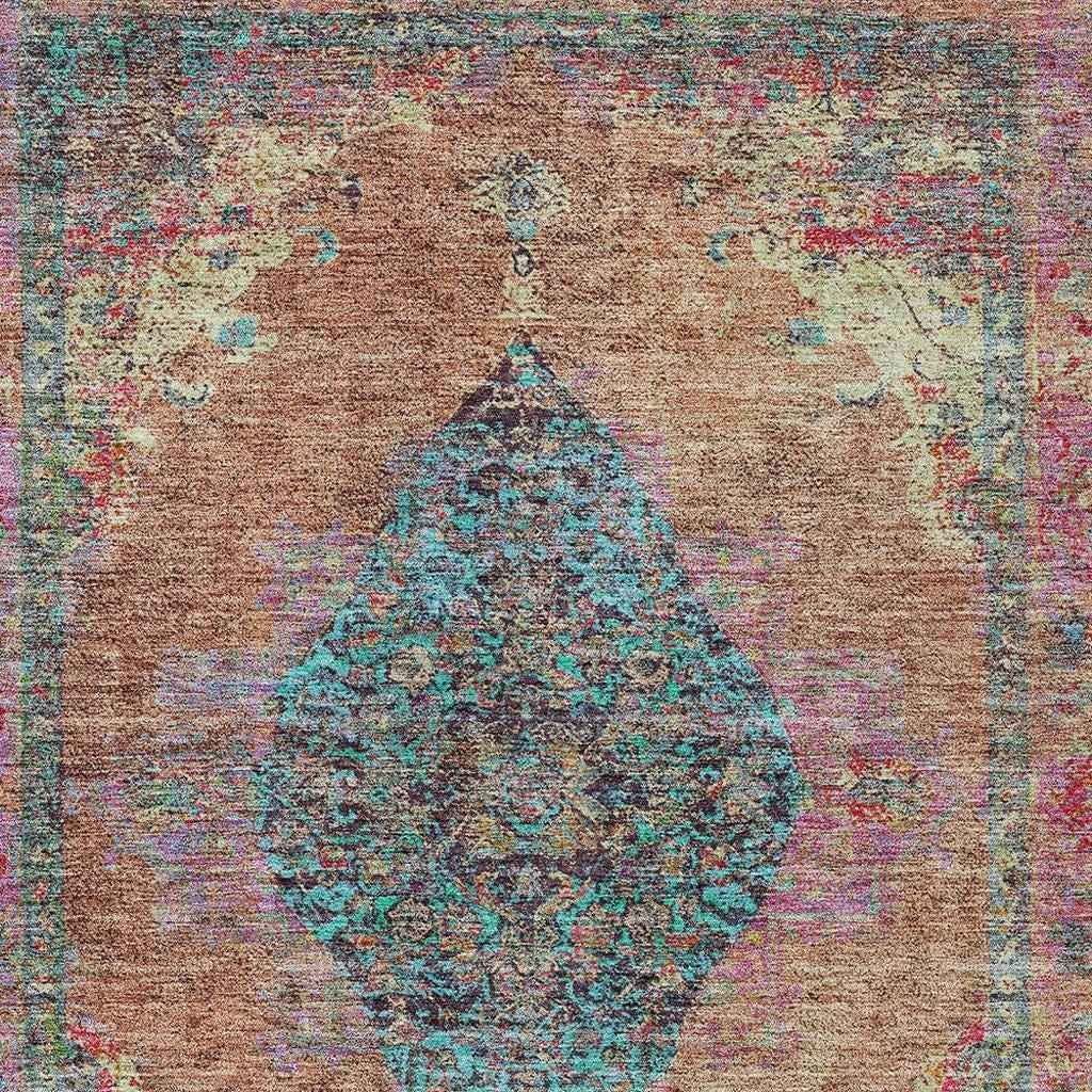 5' X 8' Orange And Teal Blue Medallion Washable Indoor Outdoor Area Rug