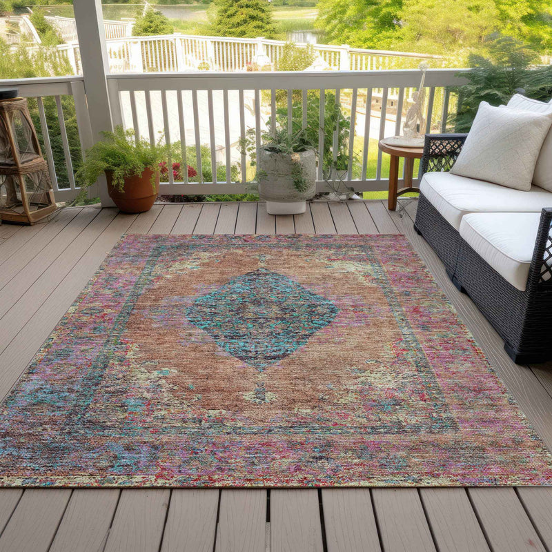5' X 8' Orange And Teal Blue Medallion Washable Indoor Outdoor Area Rug