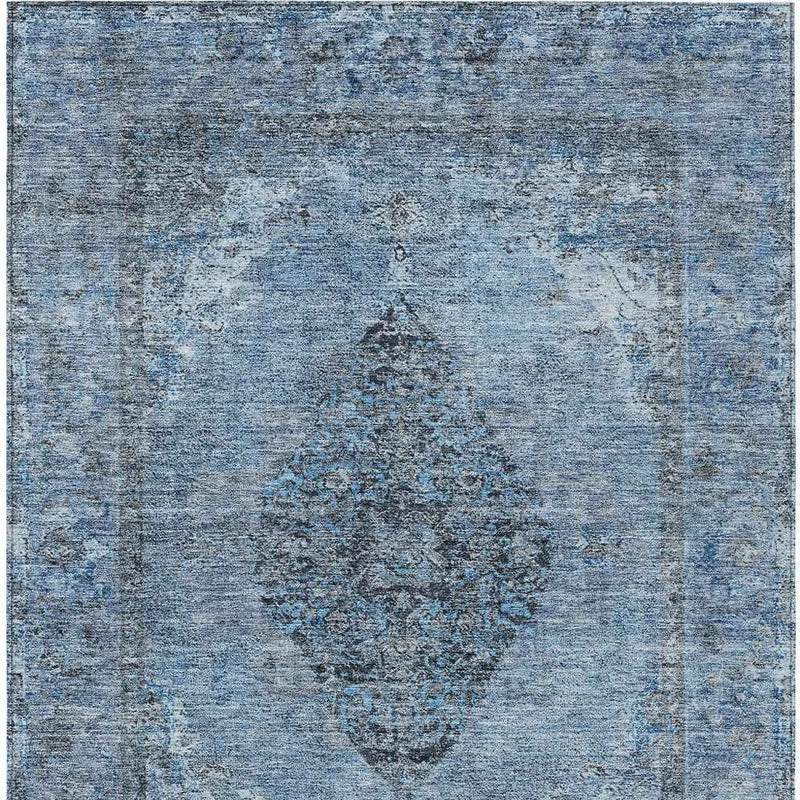 9' X 12' Denim Blue And Gray Medallion Washable Indoor Outdoor Area Rug