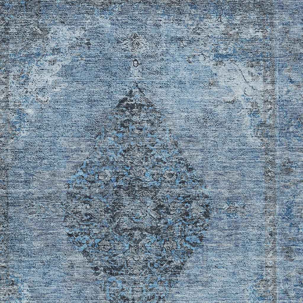 9' X 12' Denim Blue And Gray Medallion Washable Indoor Outdoor Area Rug