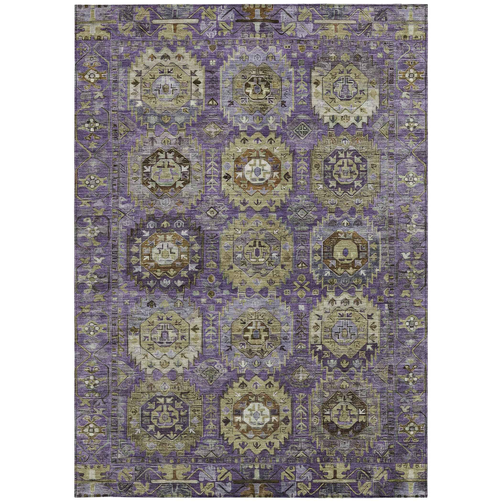 10' X 14' Eggplant Lavender And Olive Green Medallion Washable Indoor Outdoor Area Rug