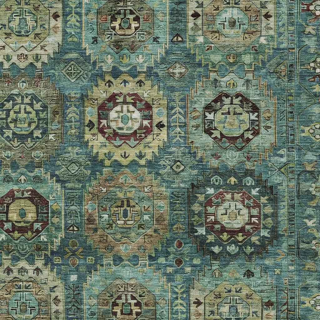 10' X 14' Teal Blue Brown And Taupe Medallion Washable Indoor Outdoor Area Rug