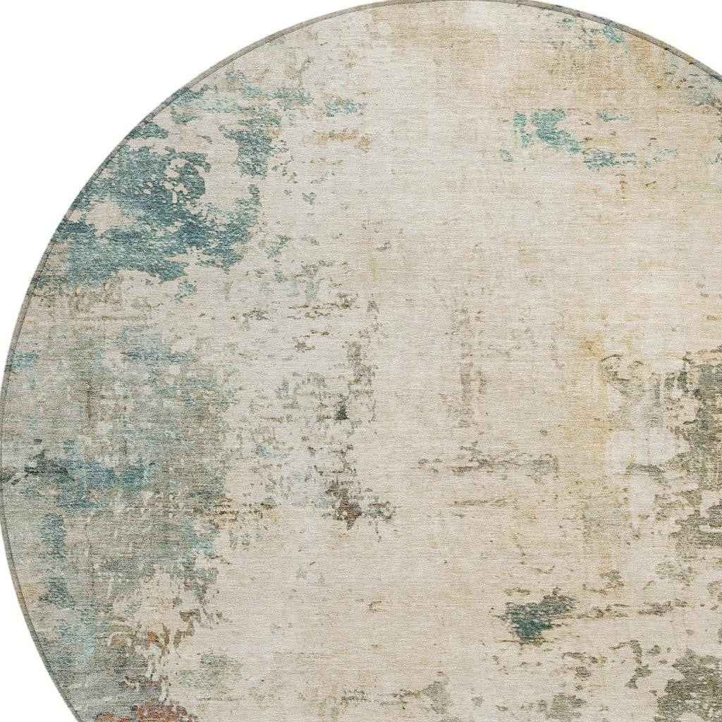 8' Ivory And Taupe Round Abstract Washable Indoor Outdoor Area Rug