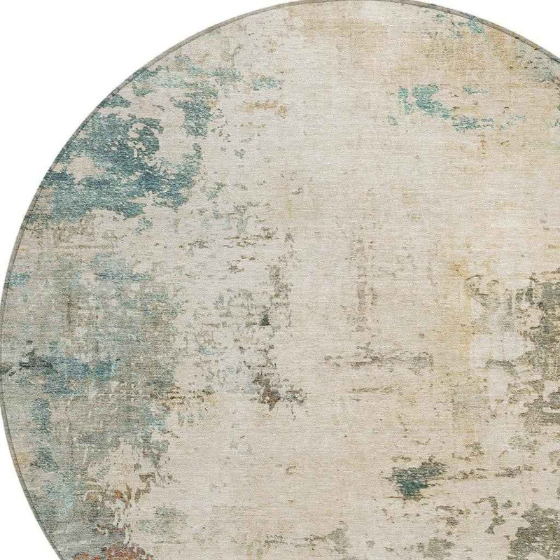 8' Ivory And Taupe Round Abstract Washable Indoor Outdoor Area Rug