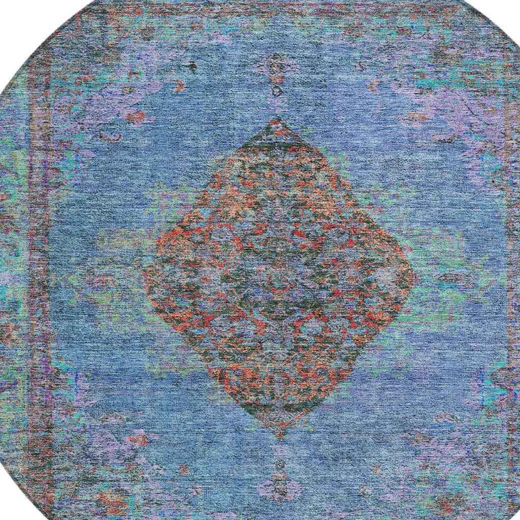 8' Blue And Rust Round Medallion Washable Indoor Outdoor Area Rug