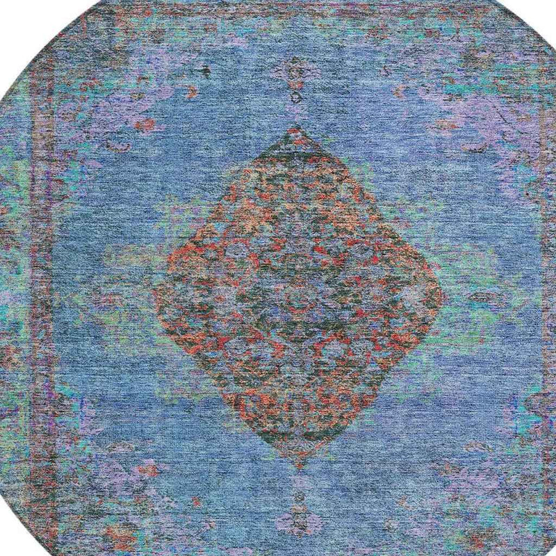 8' Blue And Rust Round Medallion Washable Indoor Outdoor Area Rug