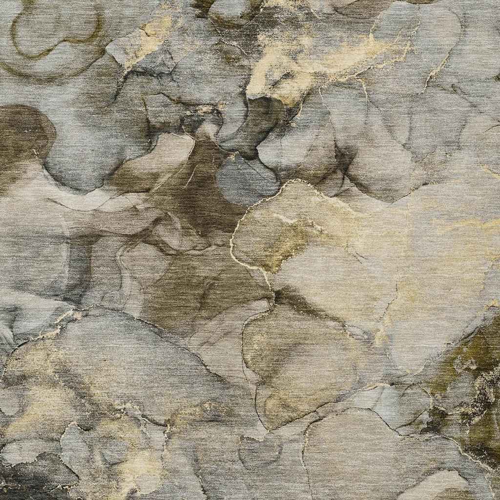 3' X 5' Pewter And Gold Abstract Washable Indoor Outdoor Area Rug