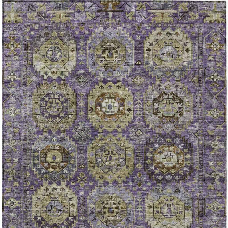 9' X 12' Eggplant Lavender And Olive Green Medallion Washable Indoor Outdoor Area Rug