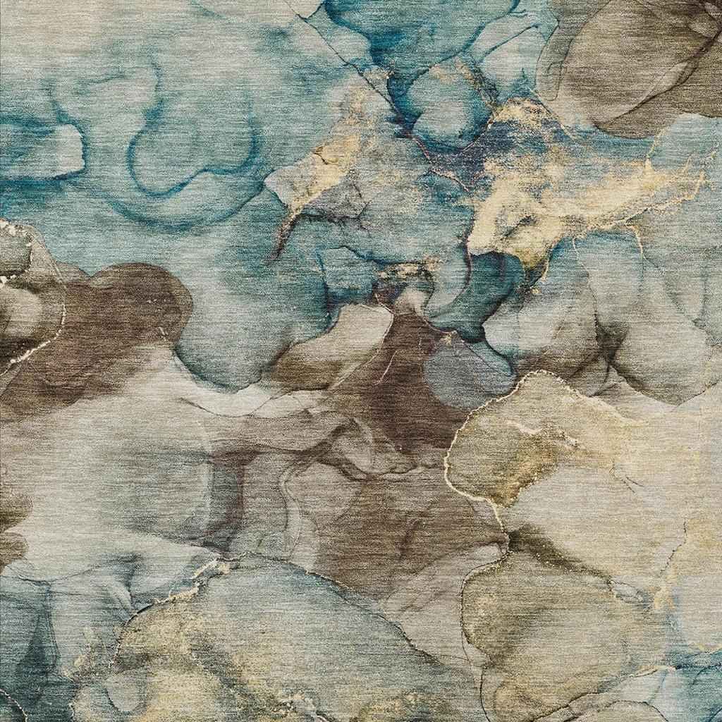 3' X 5' Brown And Teal Blue Abstract Washable Indoor Outdoor Area Rug