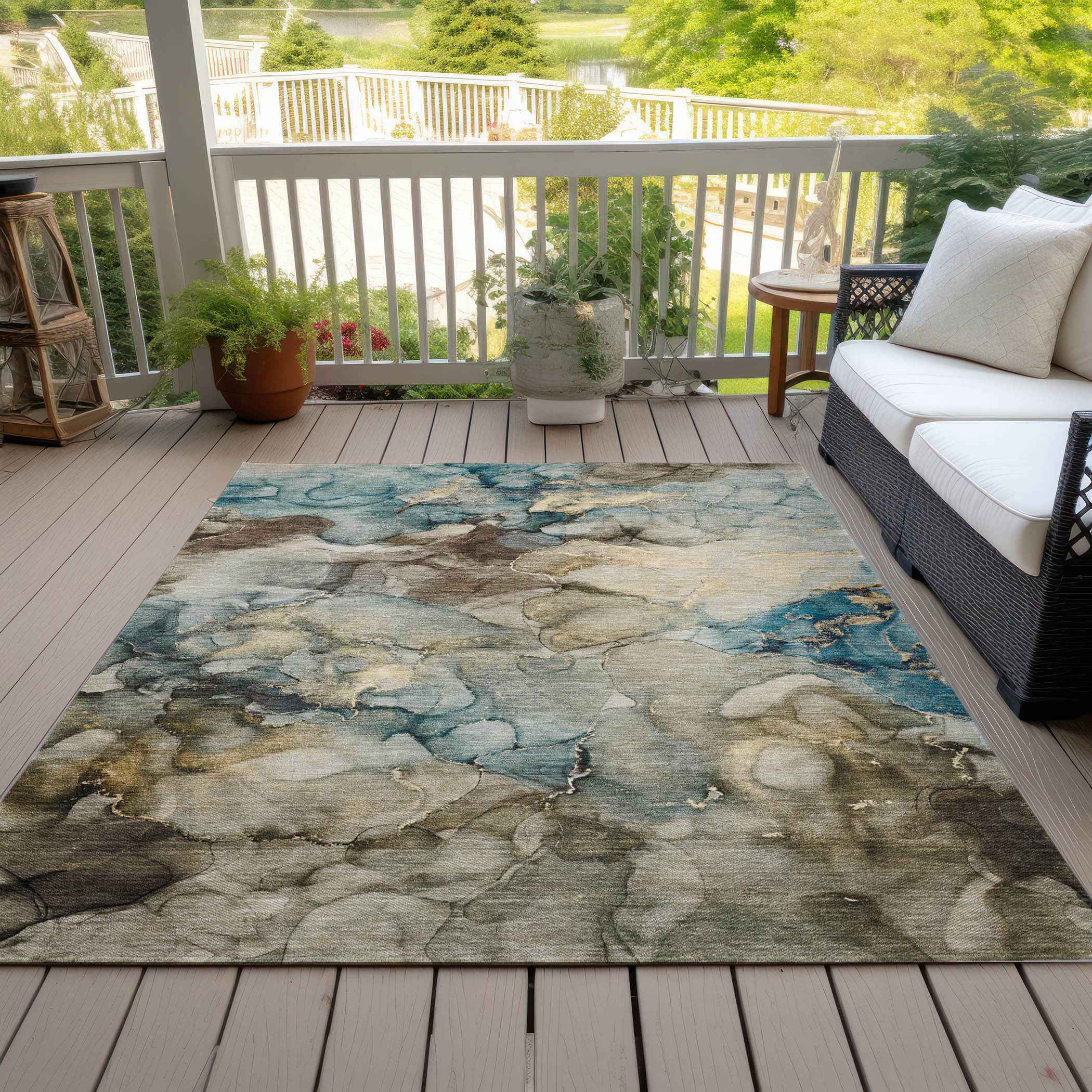 3' X 5' Brown And Teal Blue Abstract Washable Indoor Outdoor Area Rug