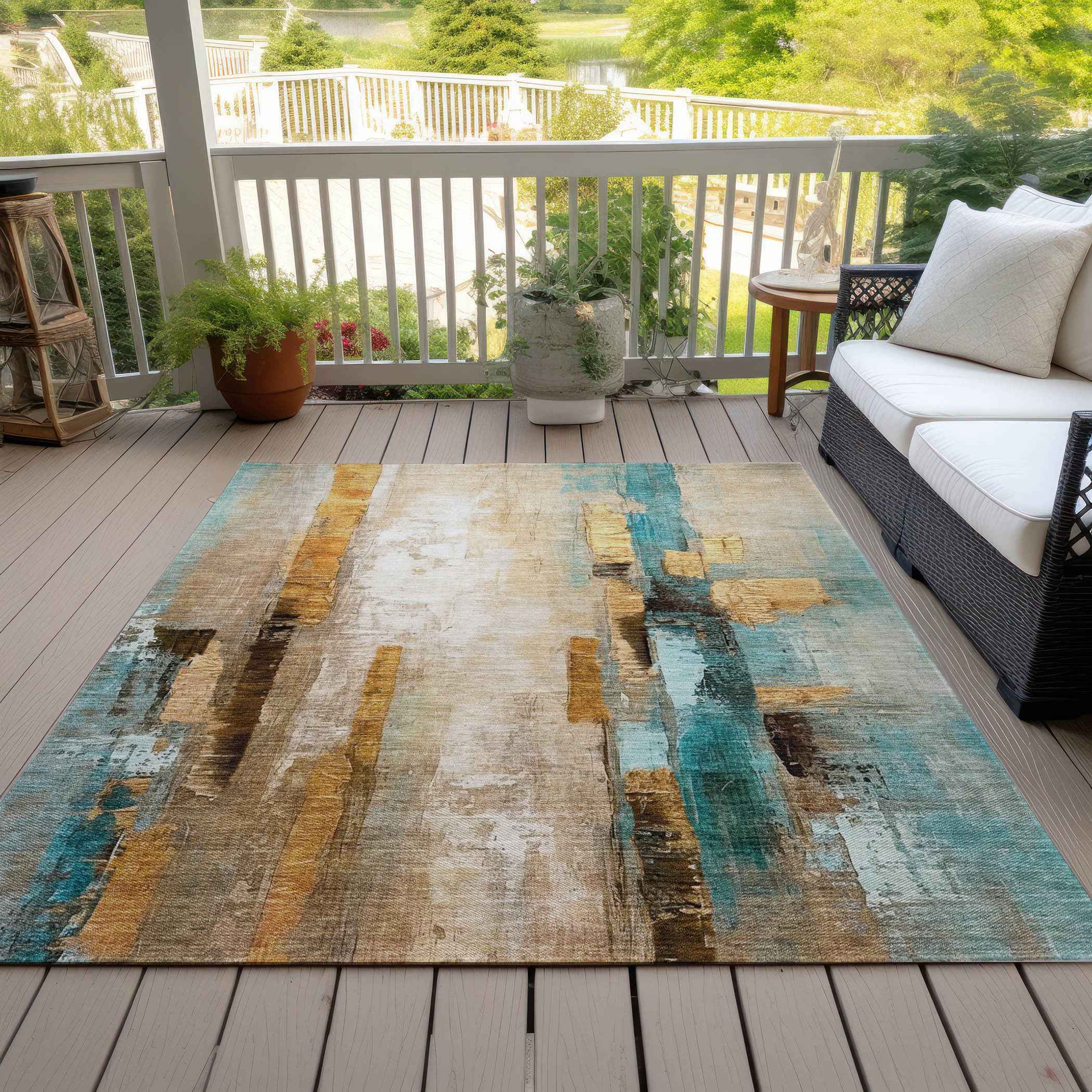 10' X 14' Beige And Teal Blue Abstract Washable Indoor Outdoor Area Rug