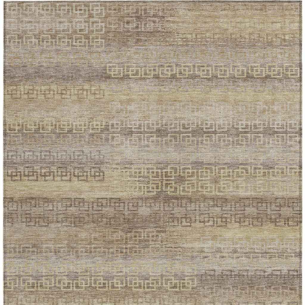 9' X 12' Beige And Wheat Striped Washable Indoor Outdoor Area Rug