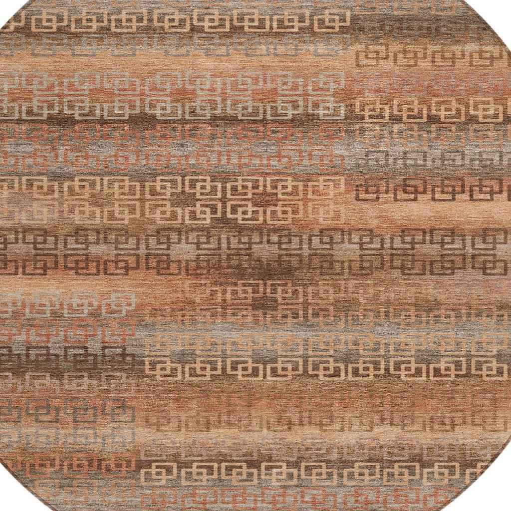 8' Copper And Peach Round Striped Washable Indoor Outdoor Area Rug