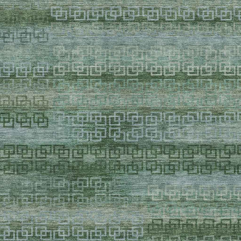 9' X 12' Artichoke Green And Sage Striped Washable Indoor Outdoor Area Rug