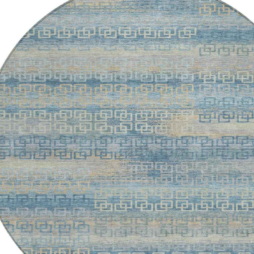 8' Teal Blue And Beige Round Striped Washable Indoor Outdoor Area Rug