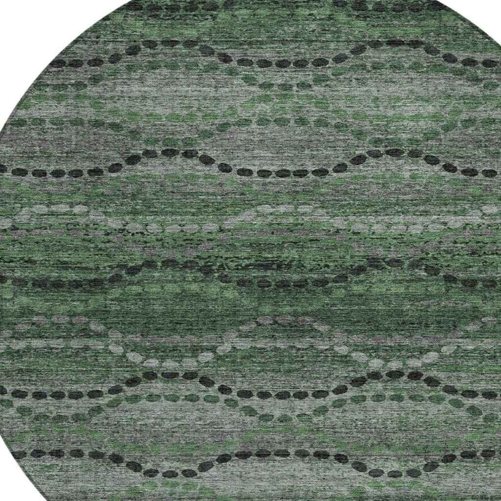 8' Olive Green And Gray Round Ogee Washable Indoor Outdoor Area Rug