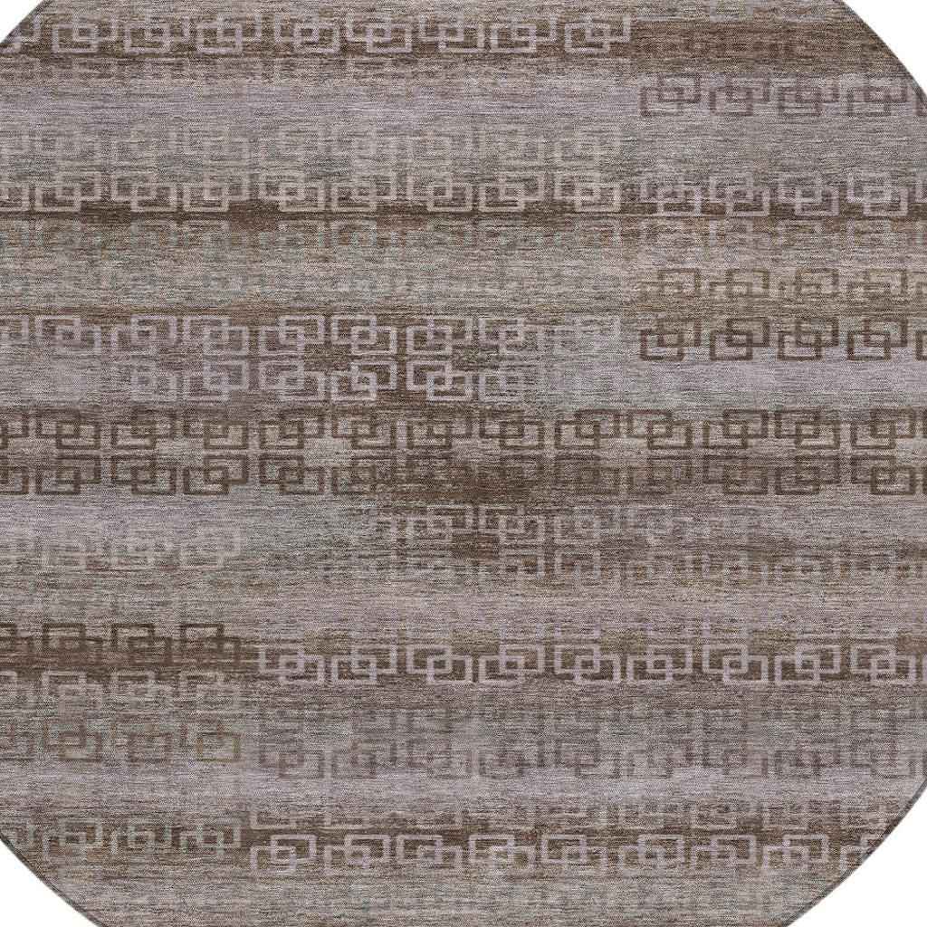 8' Chocolate And Gray Round Striped Washable Indoor Outdoor Area Rug