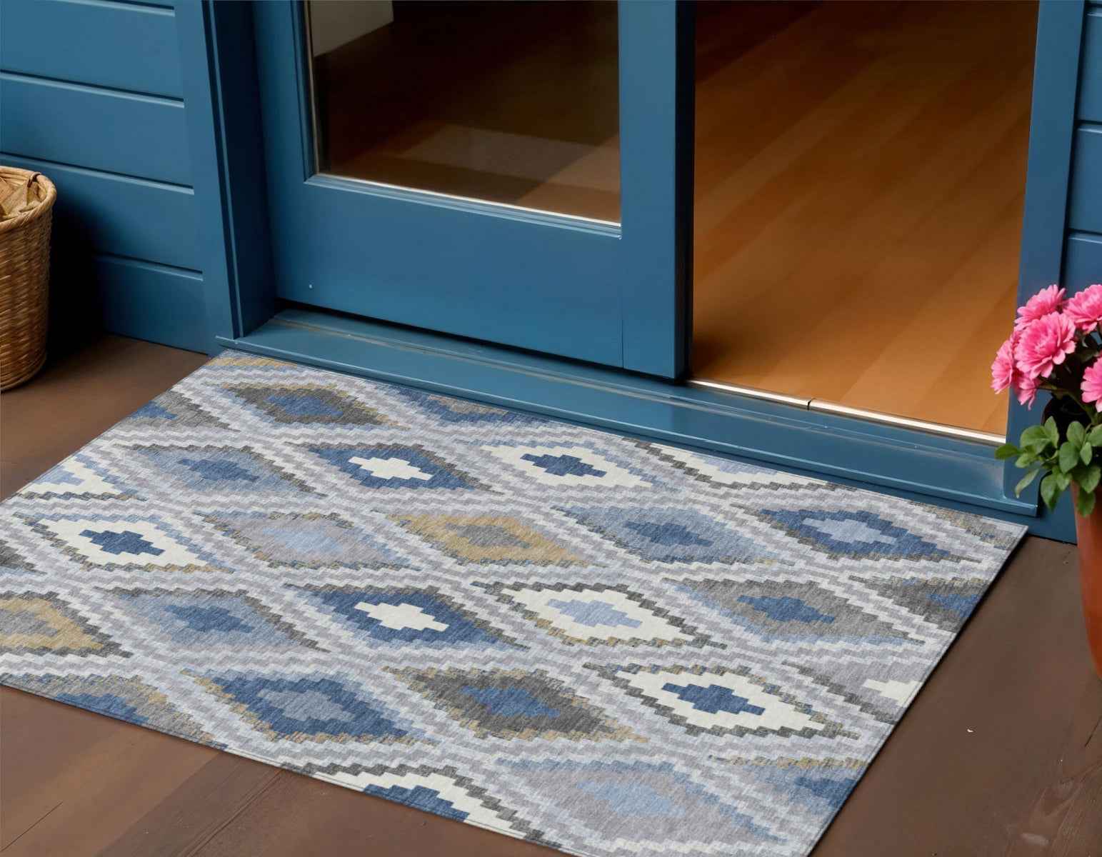 3' X 5' Denim Blue Gray And Ivory Geometric Washable Indoor Outdoor Area Rug