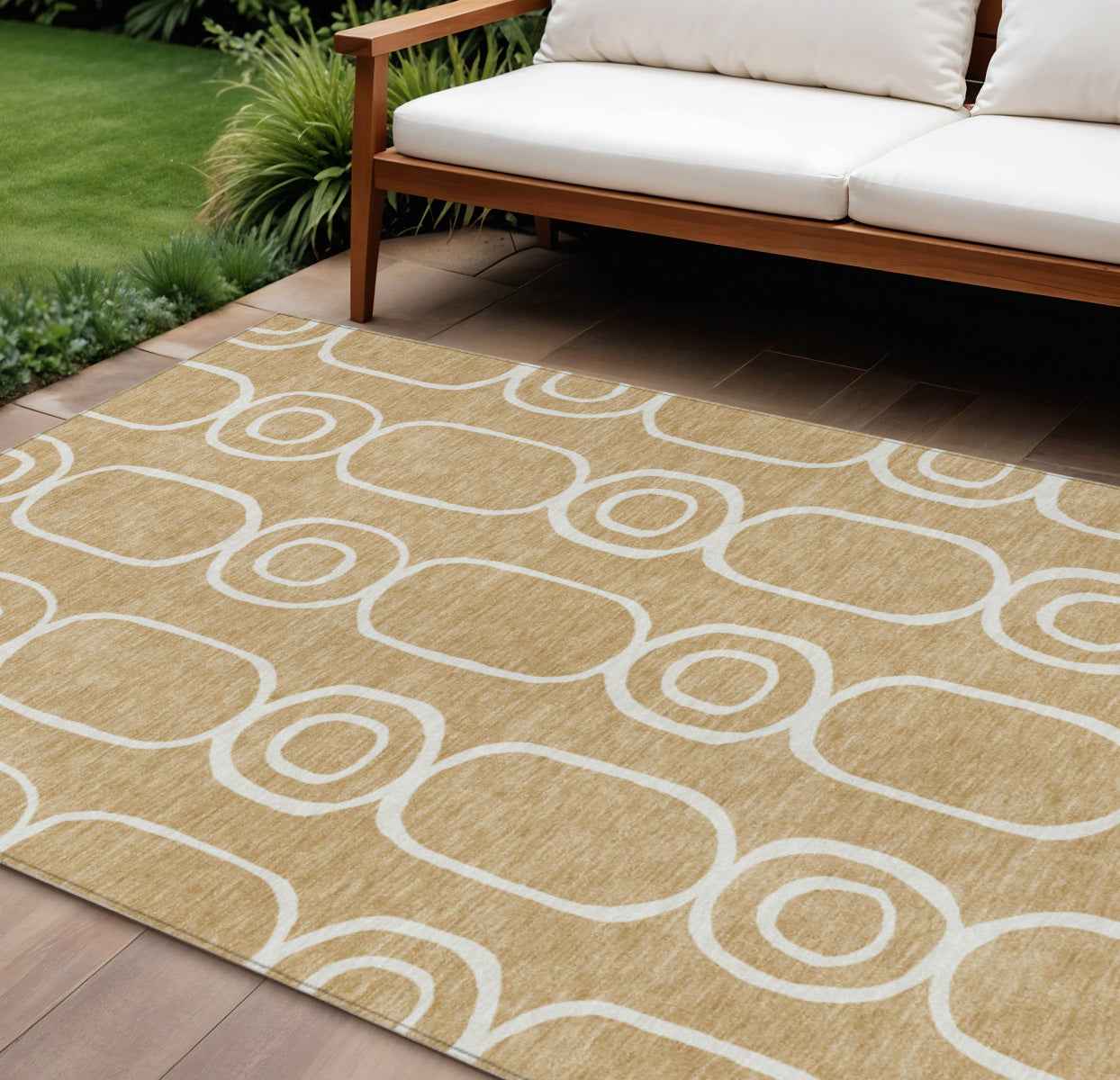 10' X 14' Gold And Ivory Geometric Washable Indoor Outdoor Area Rug