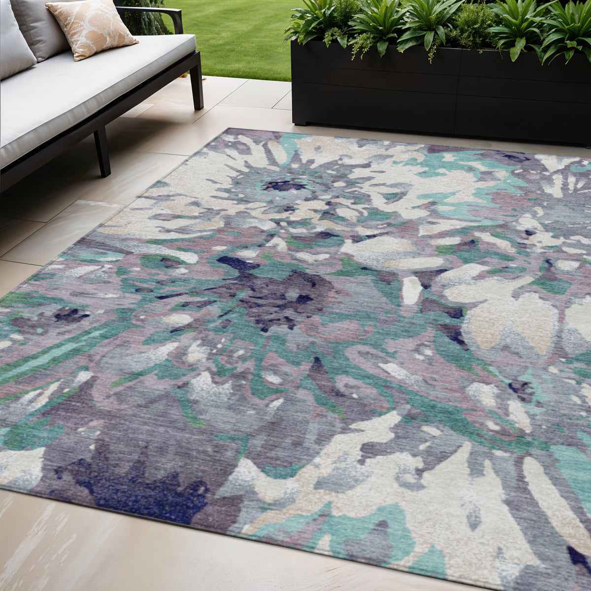 5' X 8' Lavender Gray And Ivory Floral Washable Indoor Outdoor Area Rug