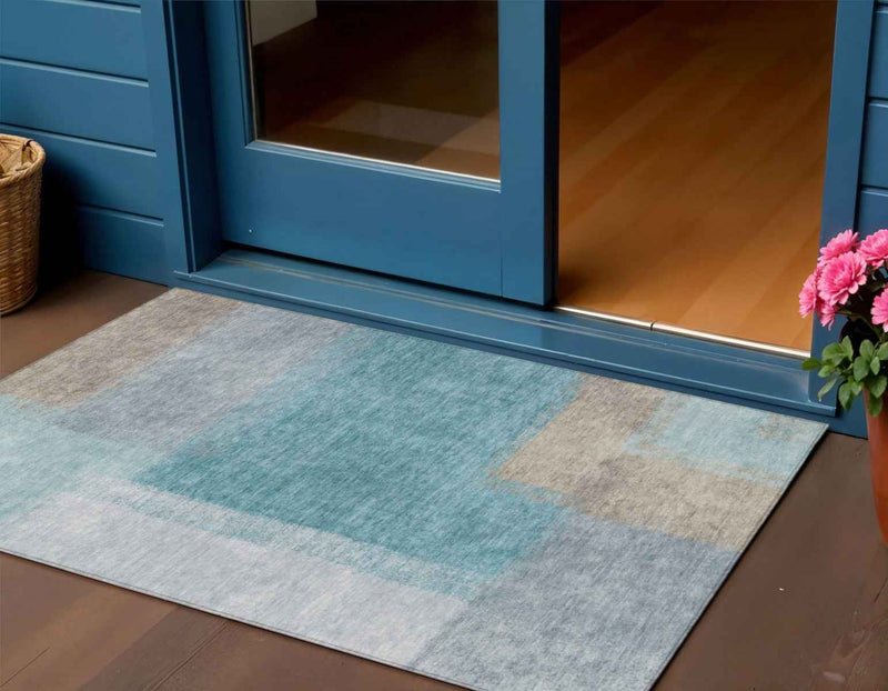 3' X 5' Teal Blue Ivory And Gray Abstract Washable Indoor Outdoor Area Rug