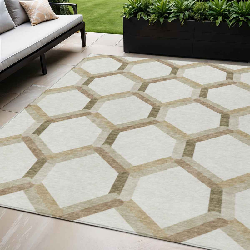5' X 8' Ivory And Brown Geometric Washable Indoor Outdoor Area Rug