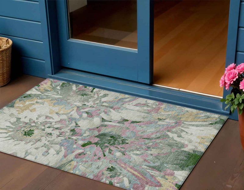 3' X 5' Sage Gold And Emerald Floral Washable Indoor Outdoor Area Rug