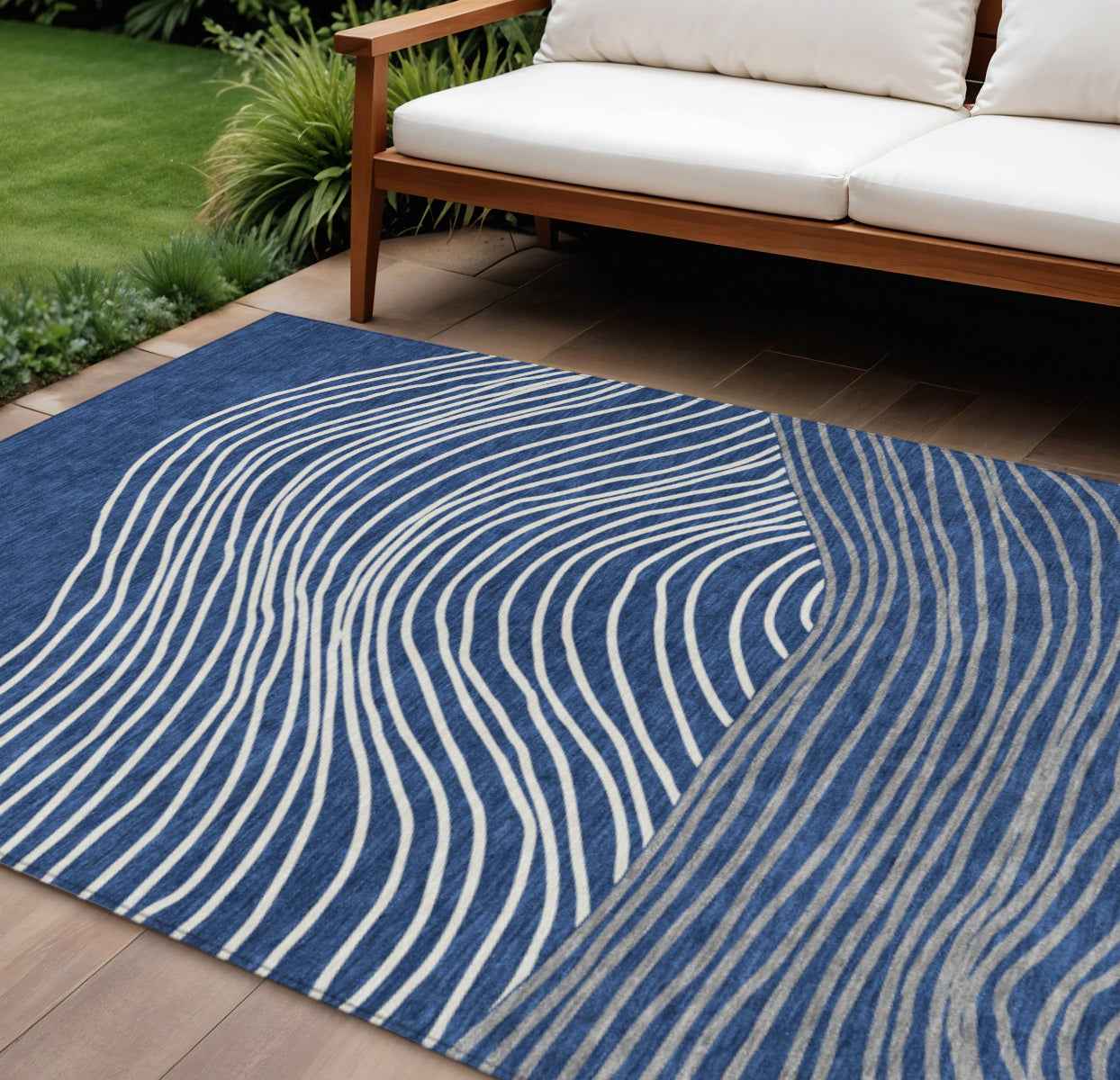 9' X 12' Navy Blue And Ivory Striped Washable Indoor Outdoor Area Rug