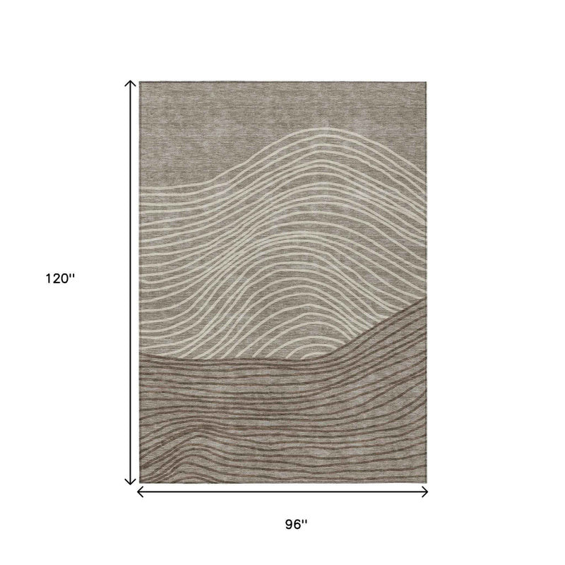 8' X 10' Taupe Beige And Brown Striped Washable Indoor Outdoor Area Rug
