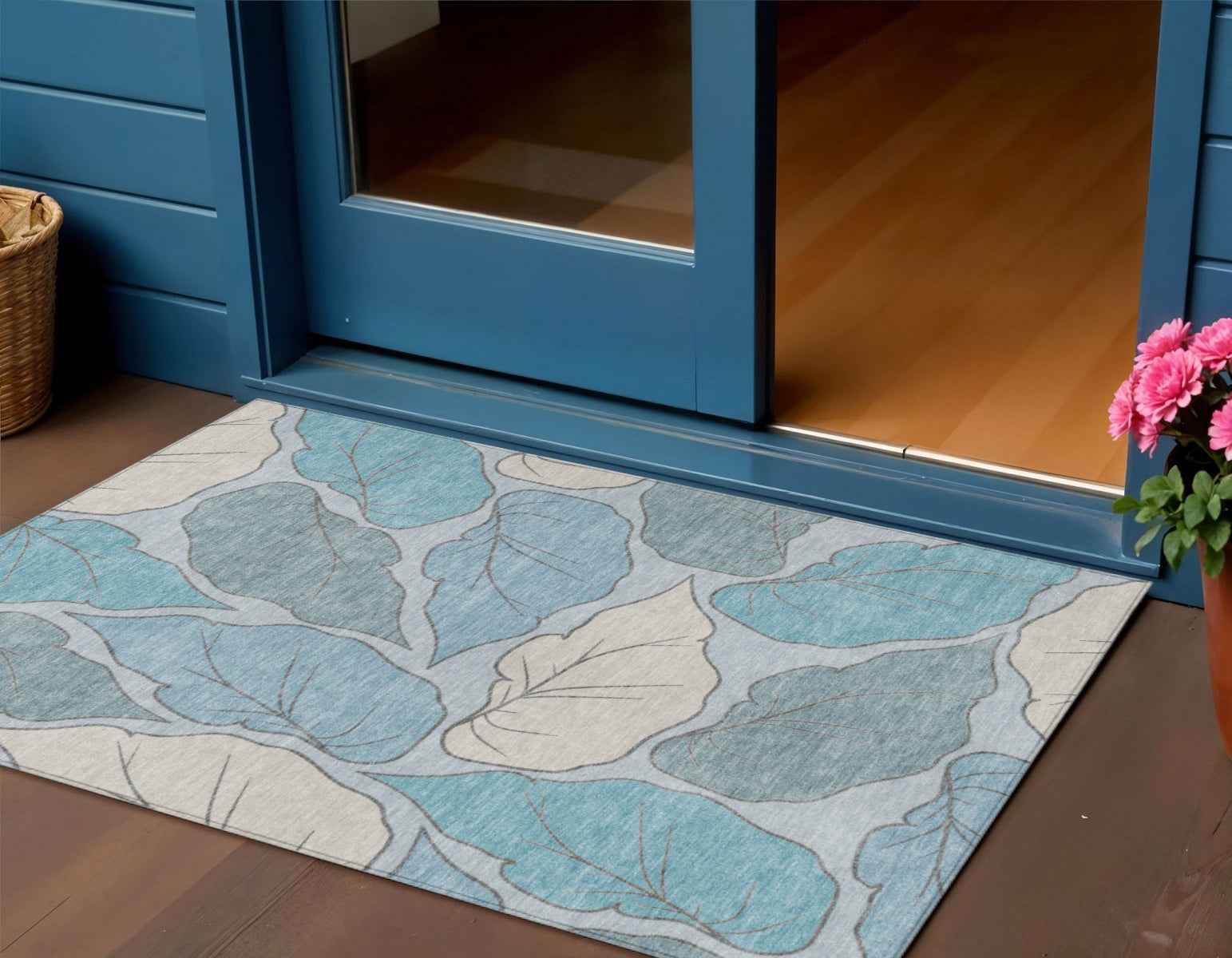 3' X 5' Teal Blue And Ivory Botanical Leaves Washable Indoor Outdoor Area Rug