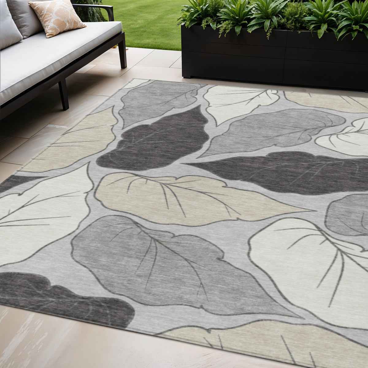 5' X 8' Silver Gray And Beige Botanical Leaves Washable Indoor Outdoor Area Rug