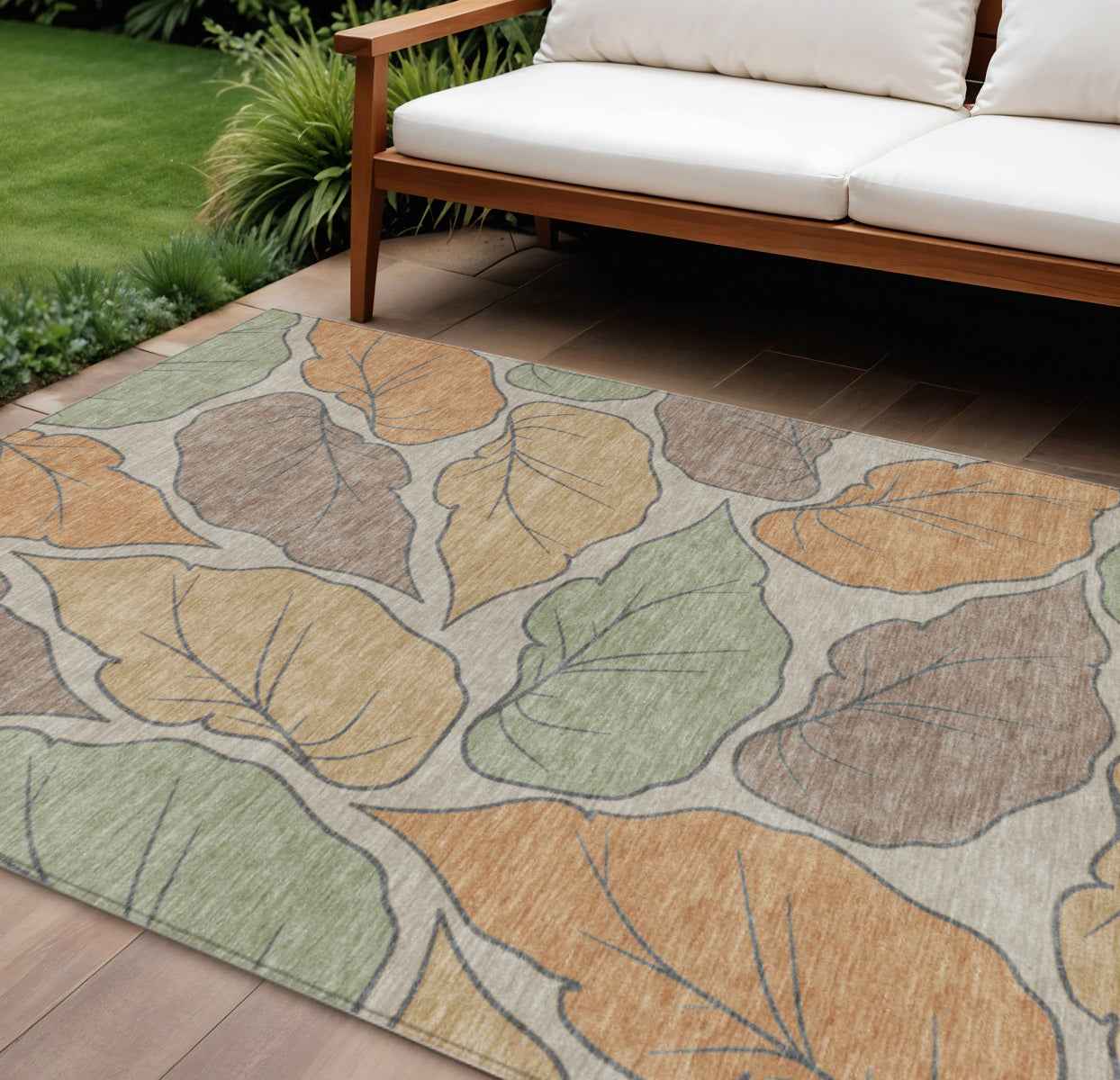 8' X 10' Copper Ivory And Sage Botanical Leaves Washable Indoor Outdoor Area Rug