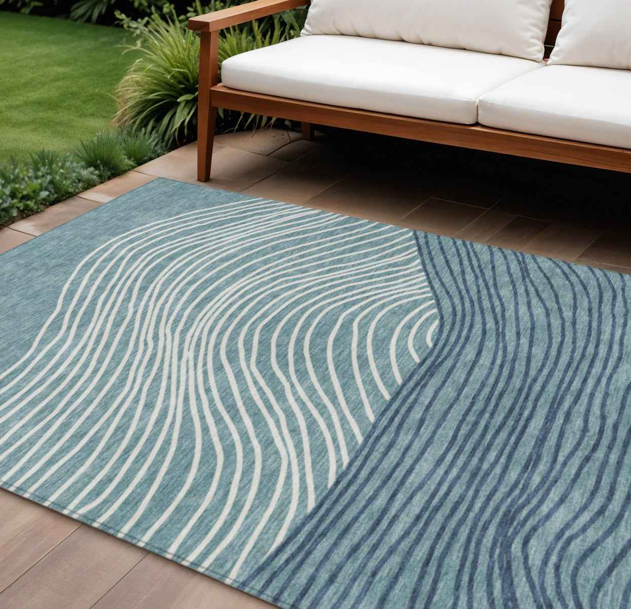 10' X 14' Teal Blue And Ivory Striped Washable Indoor Outdoor Area Rug