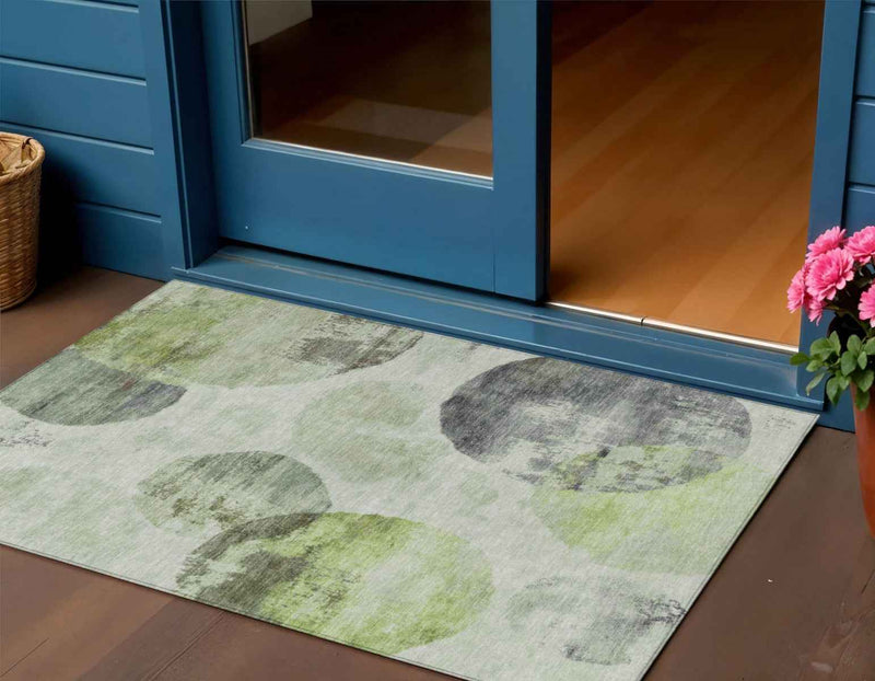 3' X 5' Artichoke Green And Ivory Abstract Washable Indoor Outdoor Area Rug