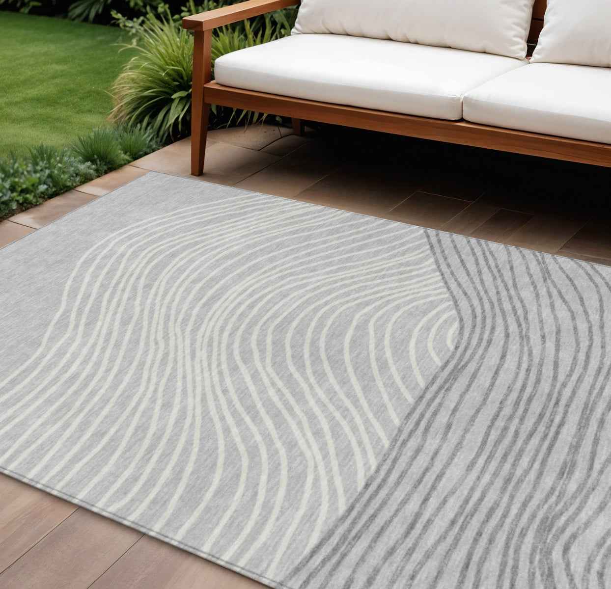 10' X 14' Gray And Ivory Striped Washable Indoor Outdoor Area Rug