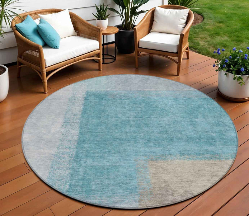 8' Teal Blue Ivory And Gray Round Abstract Washable Indoor Outdoor Area Rug
