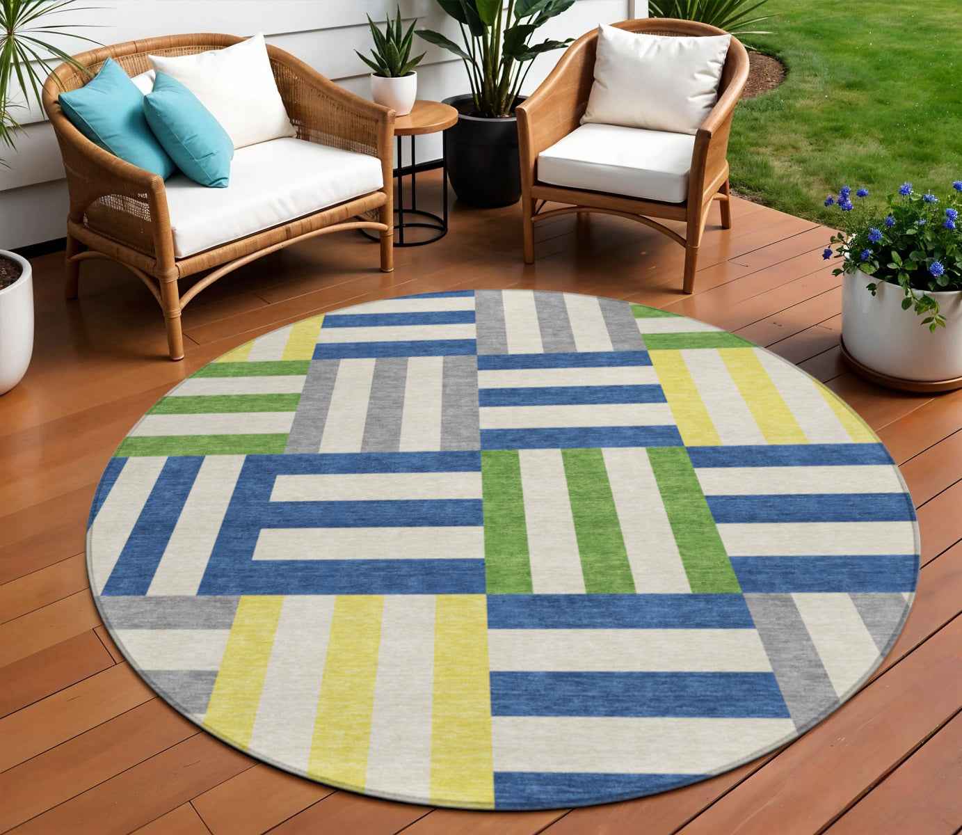 8' Blue Yellow And Green Round Geometric Washable Indoor Outdoor Area Rug