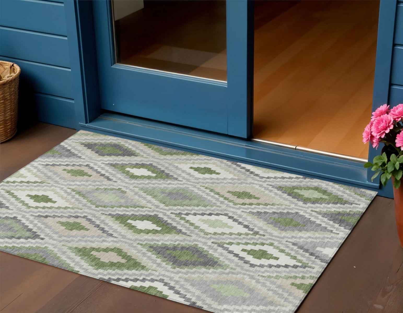 3' X 5' Fern Green Gray And Ivory Geometric Washable Indoor Outdoor Area Rug