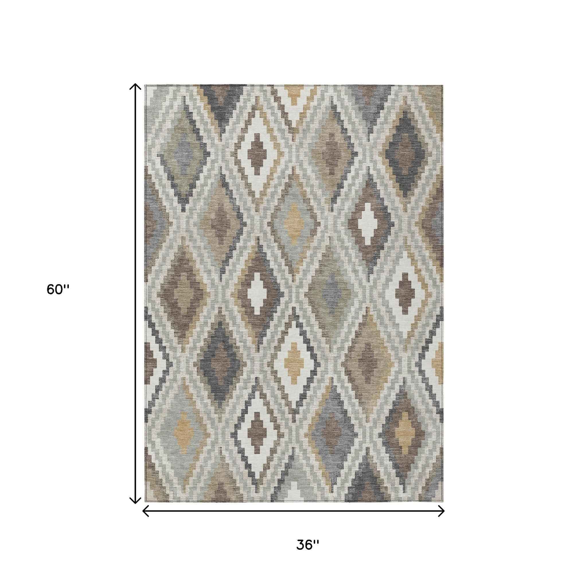 3' X 5' Taupe Gold And Ivory Geometric Washable Indoor Outdoor Area Rug