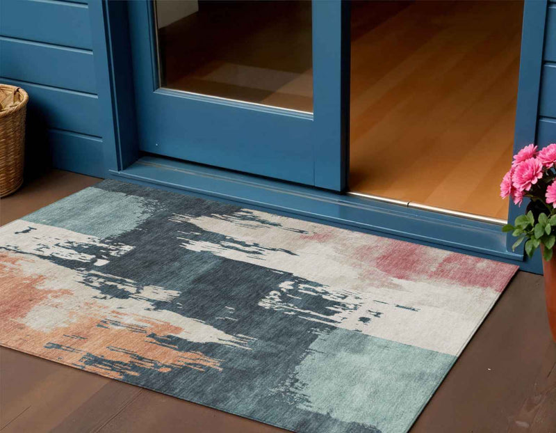 3' X 5' Teal Blue Pink And Orange Abstract Washable Indoor Outdoor Area Rug