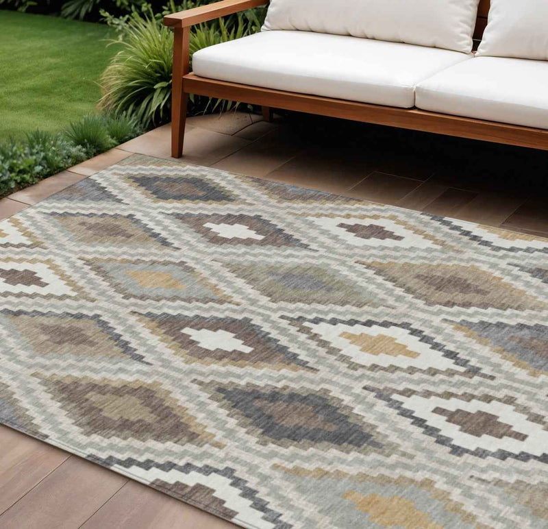 8' X 10' Taupe Gold And Ivory Geometric Washable Indoor Outdoor Area Rug