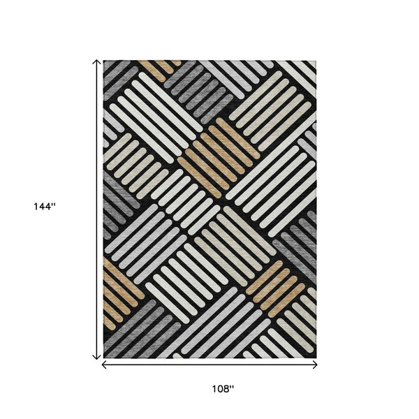 9' X 12' Black Beige And Ivory Geometric Washable Indoor Outdoor Area Rug