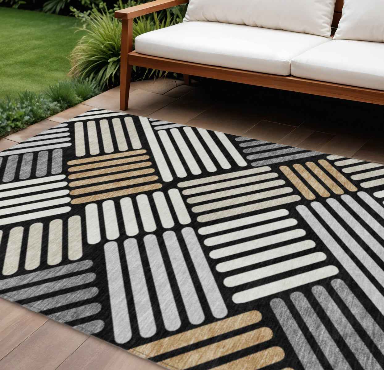9' X 12' Black Beige And Ivory Geometric Washable Indoor Outdoor Area Rug