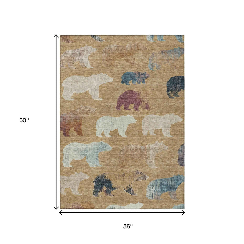 3' X 5' Gold Ivory And Blue Animal Print Washable Indoor Outdoor Area Rug