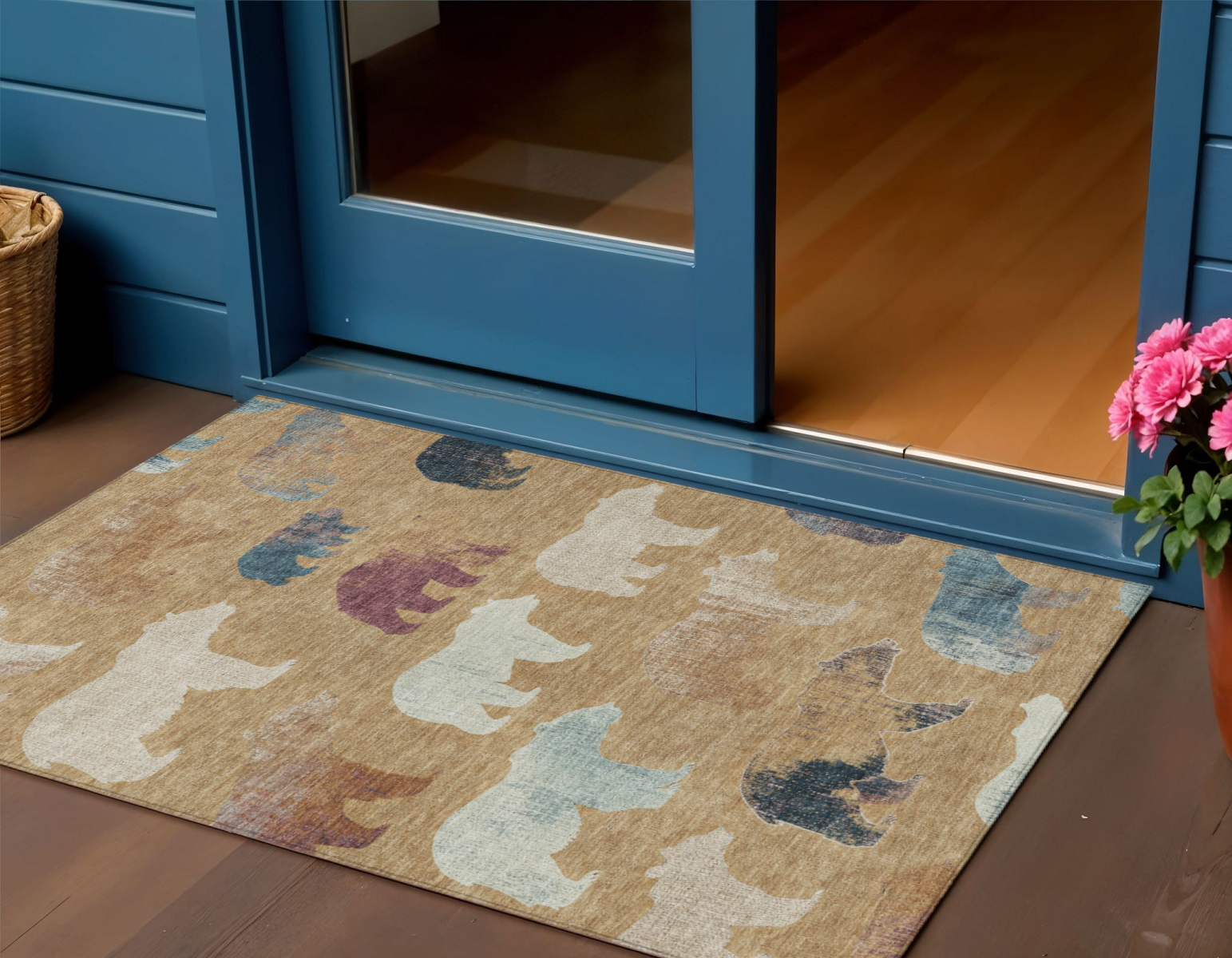 3' X 5' Gold Ivory And Blue Animal Print Washable Indoor Outdoor Area Rug