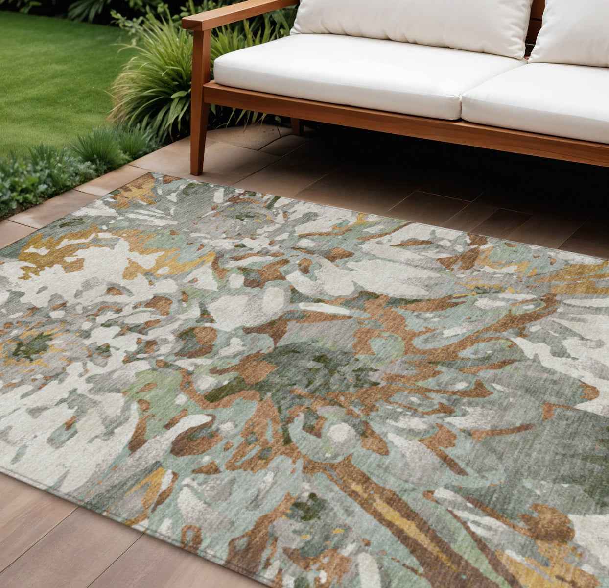 8' X 10' Copper Gray And Ivory Floral Washable Indoor Outdoor Area Rug