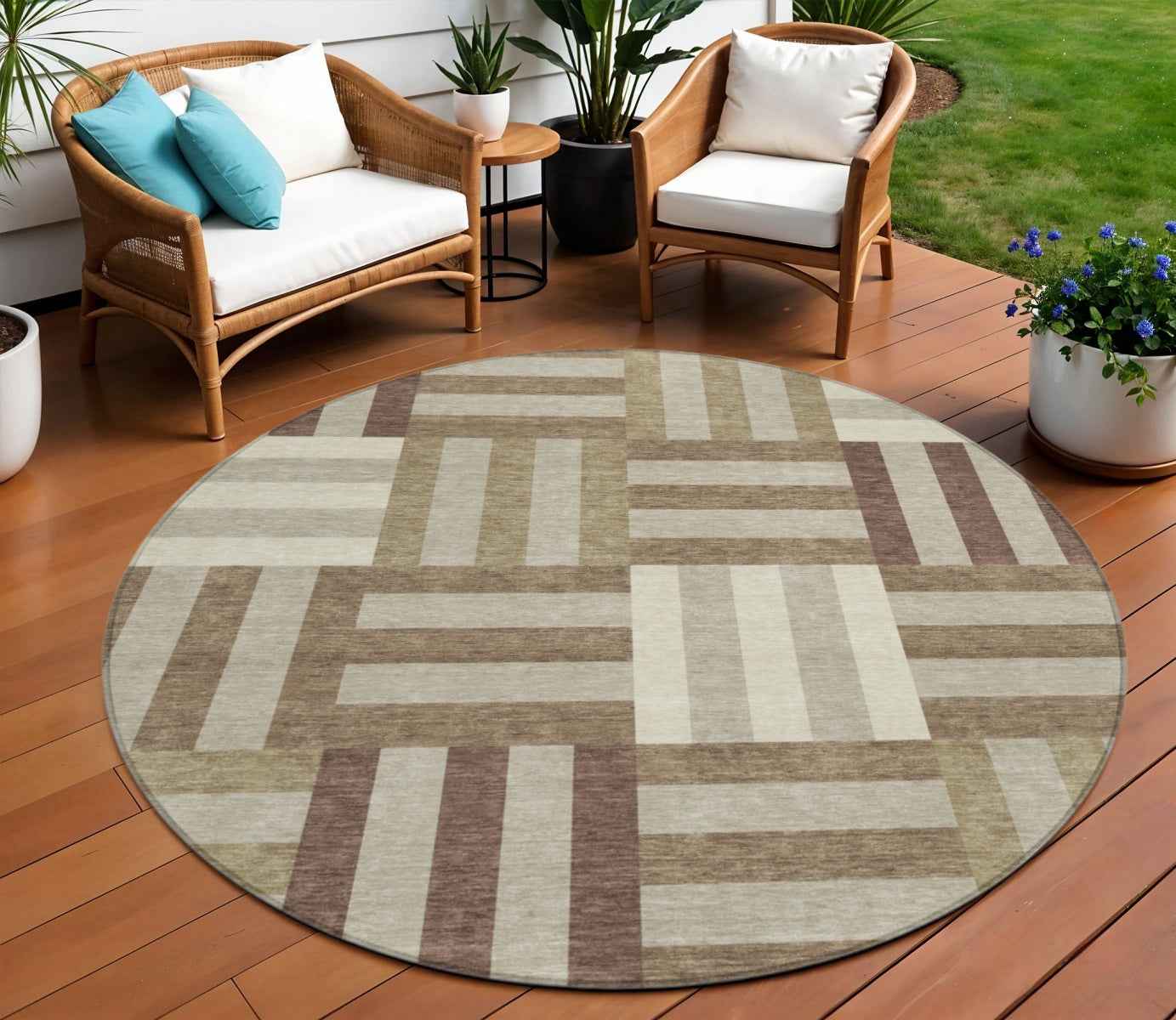 8' Brown Beige And Ivory Round Geometric Washable Indoor Outdoor Area Rug