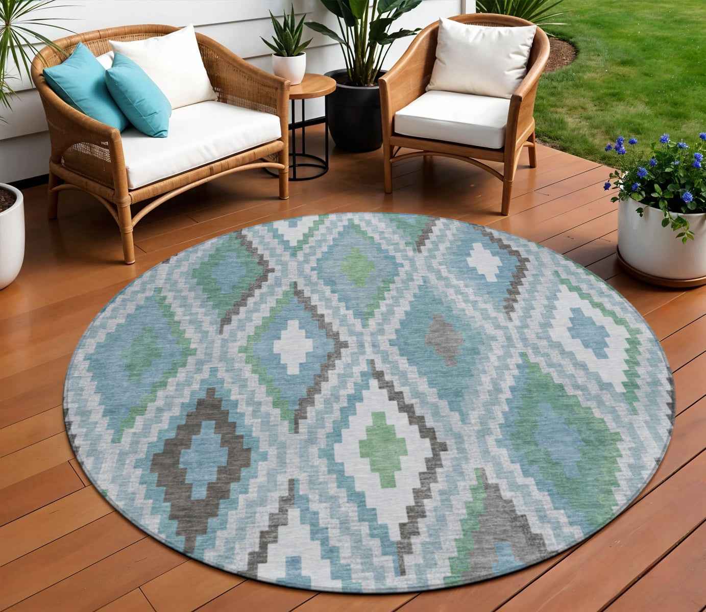 8' Teal Blue Ivory And Green Round Geometric Washable Indoor Outdoor Area Rug