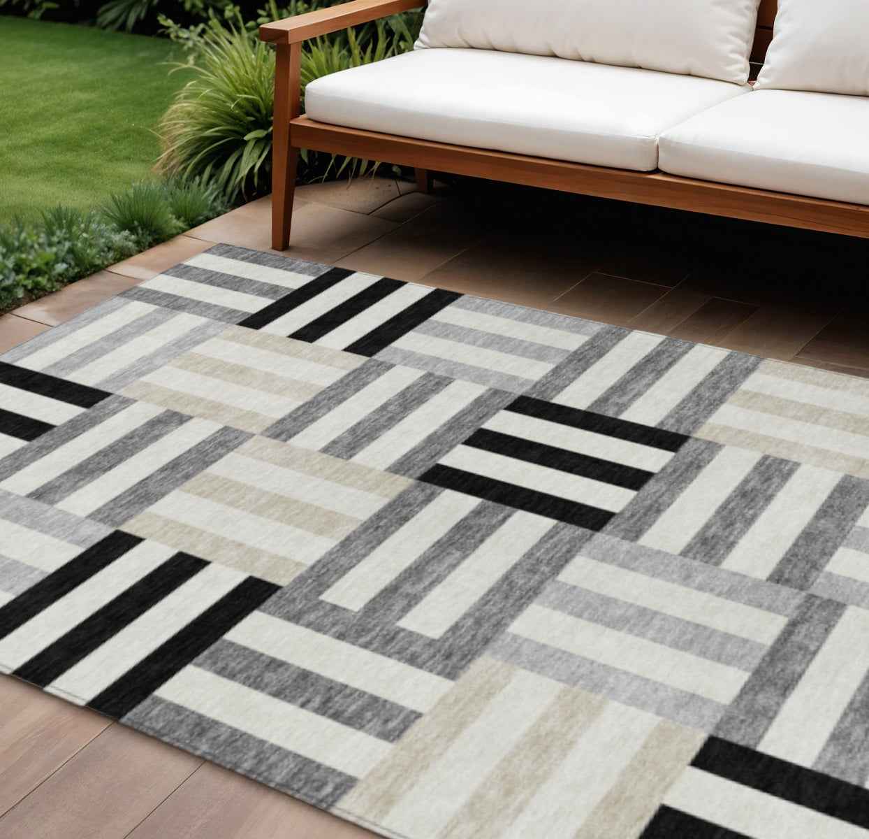 8' X 10' Black Beige And Ivory Geometric Washable Indoor Outdoor Area Rug
